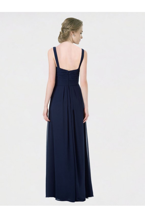 Mejores Azul marina oscuro línea A Cuello de Corazón Gasa Largo Vestidos de dama de honor