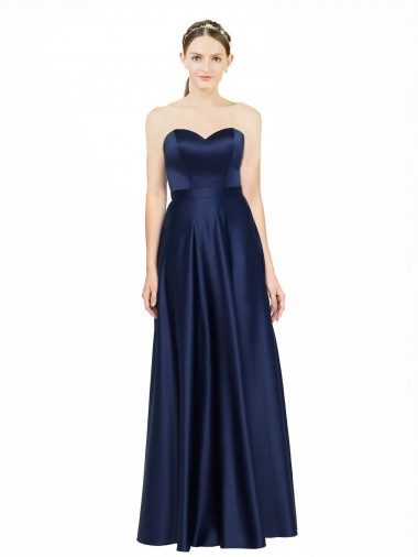 Mejores Azul marina oscuro línea A Cuello de Corazón Satén elástico Largo Formales Vestidos de dama de honor / Vestidos de noche