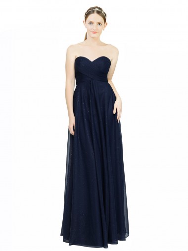 Mejores Azul marina oscuro línea A Cuello de Corazón Sin tirantes Gasa Largo Vestidos de dama de honor