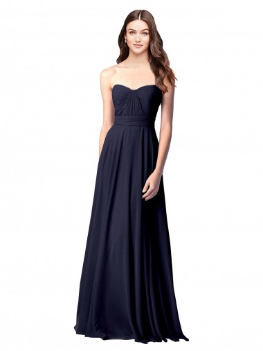 Mejores Azul marina oscuro línea A Cuello de Corazón Sin tirantes Gasa Largo Vestidos de dama de honor