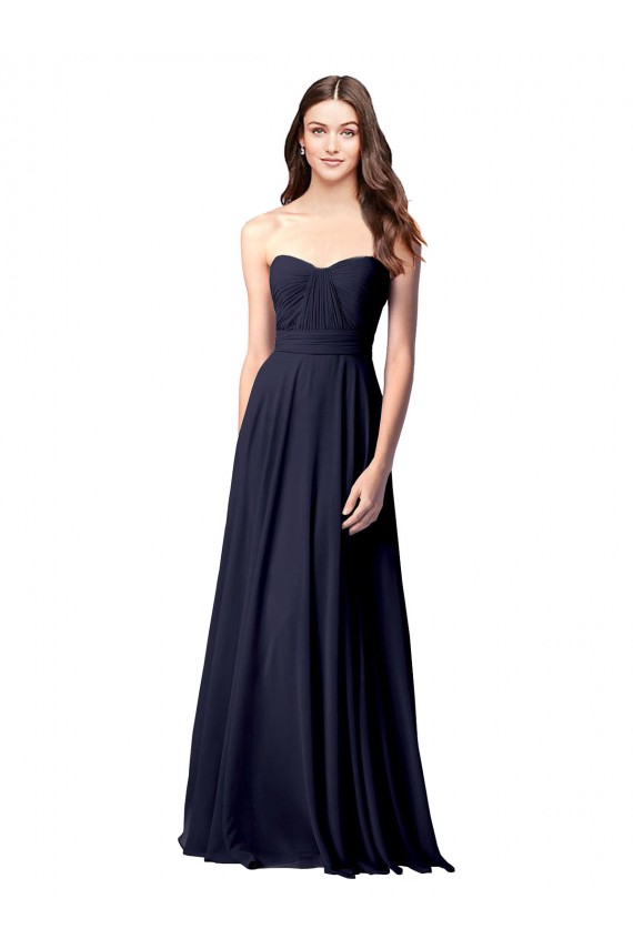 Mejores Azul marina oscuro línea A Cuello de Corazón Sin tirantes Gasa Largo Vestidos de dama de honor