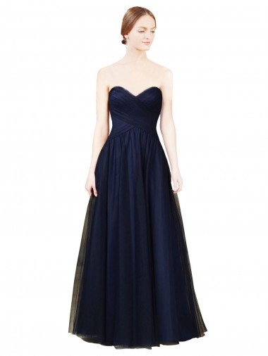 Mejores Azul marina oscuro línea A Cuello de Corazón Sin tirantes Tul Largo Vestidos de dama de honor