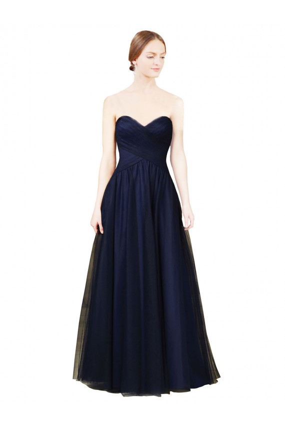 Mejores Azul marina oscuro línea A Cuello de Corazón Sin tirantes Tul Largo Vestidos de dama de honor