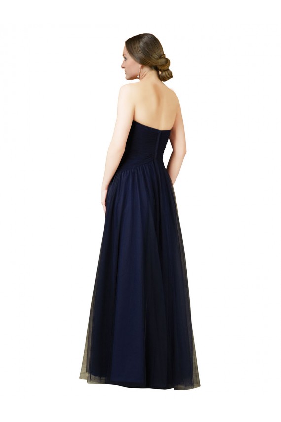 Mejores Azul marina oscuro línea A Cuello de Corazón Sin tirantes Tul Largo Vestidos de dama de honor