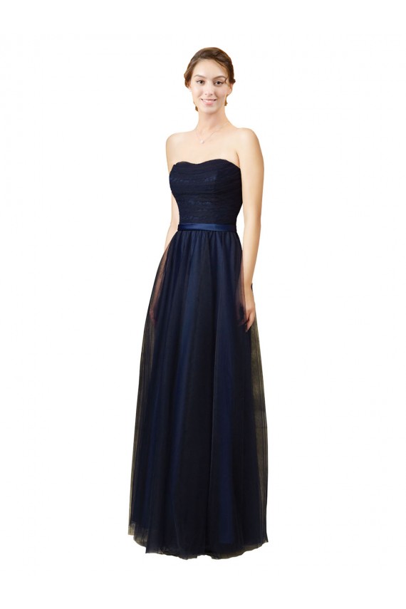 Mejores Azul marina oscuro línea A Cuello de Corazón Sin tirantes Tul Largo Vestidos de dama de honor