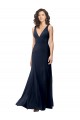 Mejores Azul marina oscuro línea A Cuello en V Cuello Alto Crepé Elástico Largo Formales Vestidos de dama de honor / Vestidos de fiesta