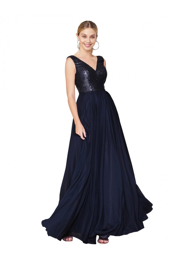 Mejores Azul marina oscuro línea A Cuello en V Cuello Alto Gasa Lentejuela Largo Vestidos de dama de honor / Vestidos de fiesta