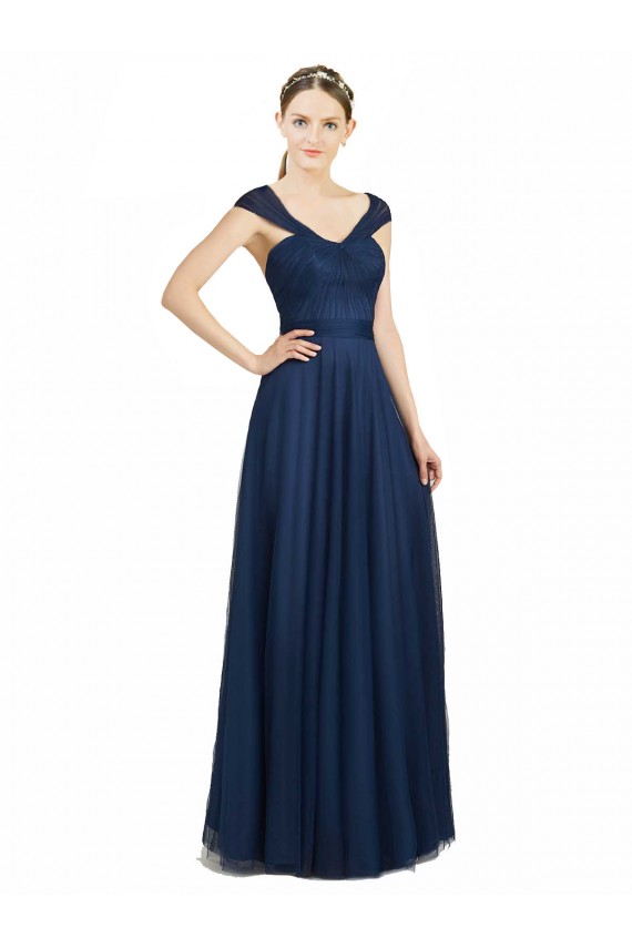 Mejores Azul marina oscuro línea A Cuello en V Cuello de Corazón Tul Largo Vestidos de dama de honor