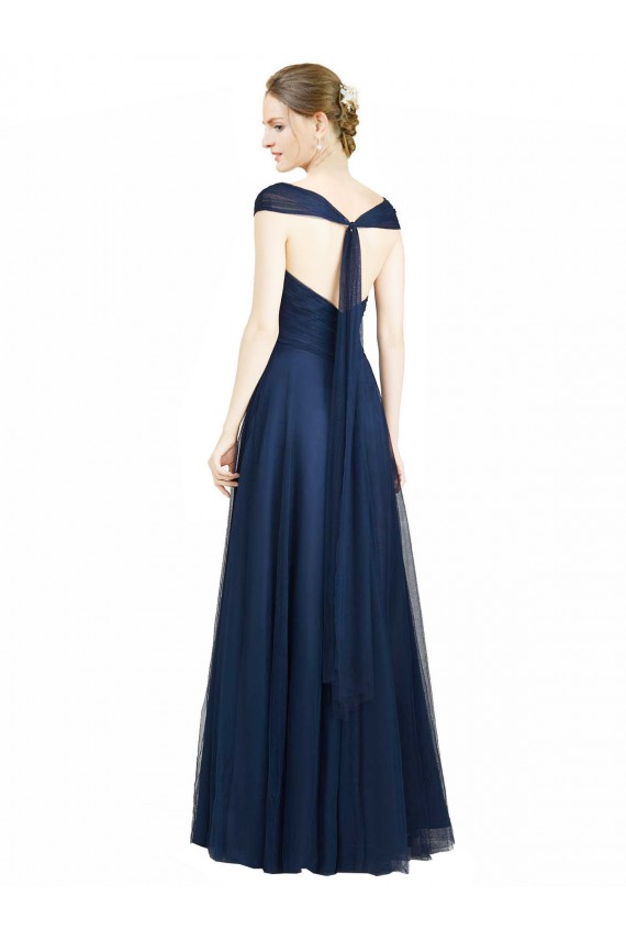 Mejores Azul marina oscuro línea A Cuello en V Cuello de Corazón Tul Largo Vestidos de dama de honor
