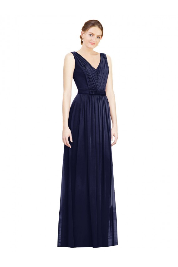 Mejores Azul marina oscuro línea A Cuello en V Gasa Largo Vestidos de dama de honor