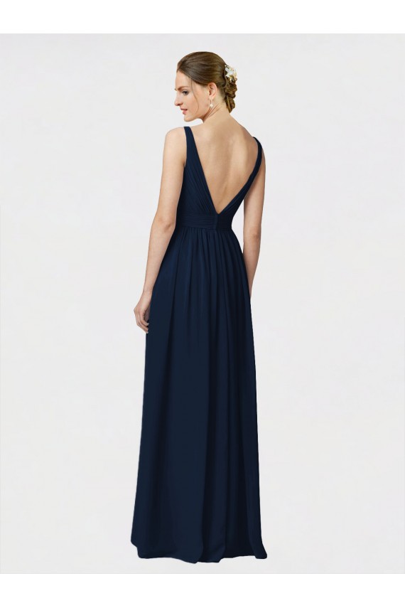 Mejores Azul marina oscuro línea A Cuello en V Gasa Largo Vestidos de dama de honor