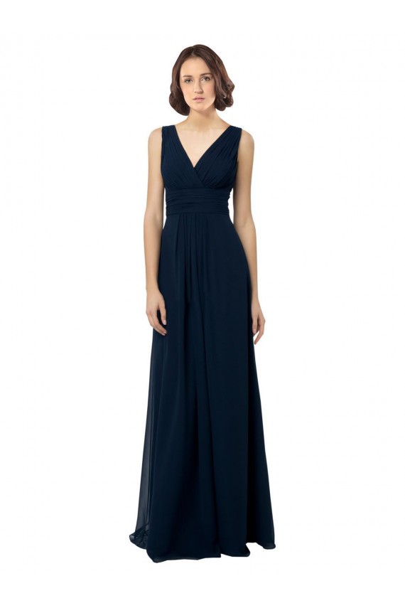 Mejores Azul marina oscuro línea A Cuello en V Gasa Largo Vestidos de dama de honor