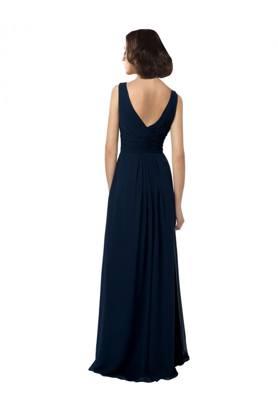 Mejores Azul marina oscuro línea A Cuello en V Gasa Largo Vestidos de dama de honor