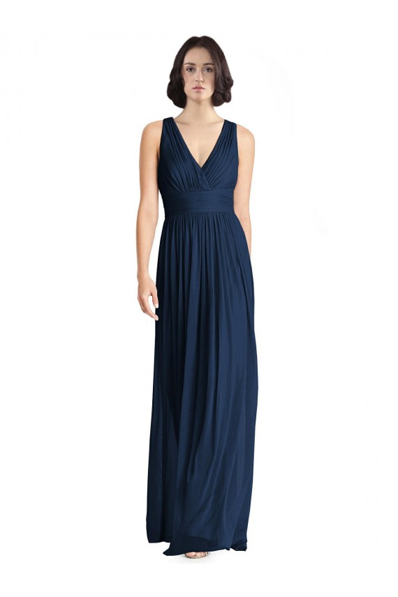 Mejores Azul marina oscuro línea A Cuello en V Gasa Largo Vestidos de dama de honor
