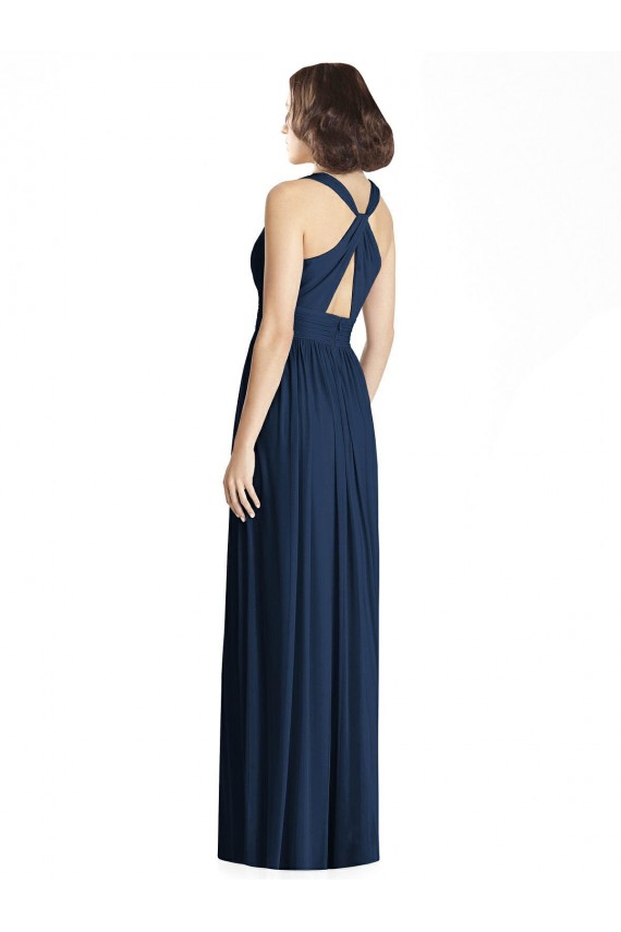 Mejores Azul marina oscuro línea A Cuello en V Gasa Largo Vestidos de dama de honor