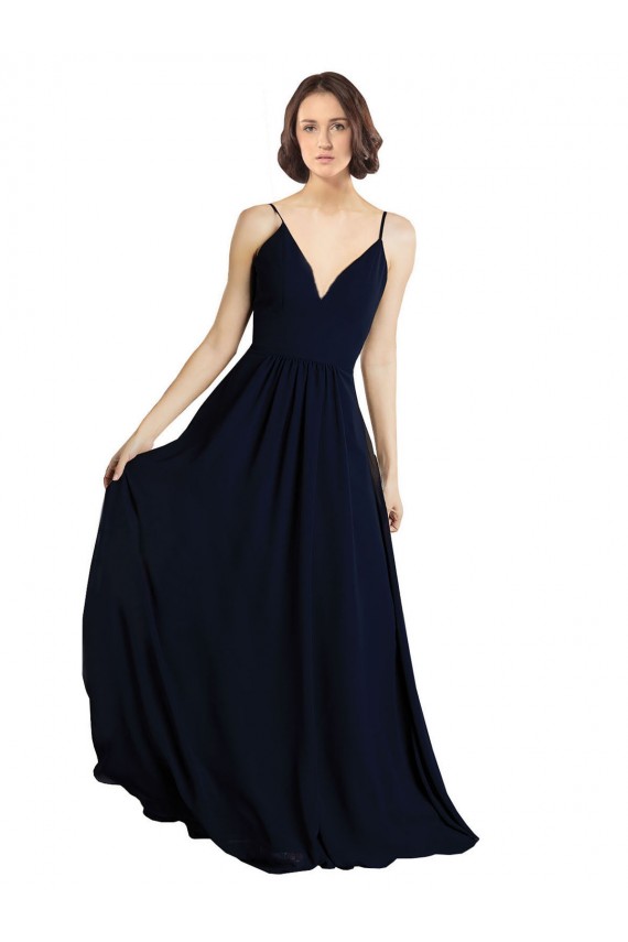 Mejores Azul marina oscuro línea A Cuello en V Gasa Largo Vestidos de dama de honor