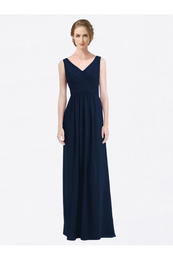 Mejores Azul marina oscuro línea A Cuello en V Gasa Largo Vestidos de dama de honor