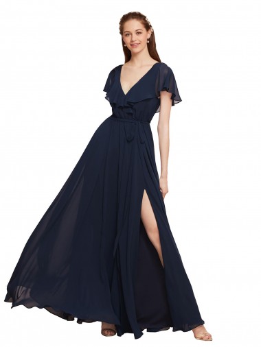 Mejores Azul marina oscuro línea A Cuello en V Gasa Largo Vestidos de dama de honor