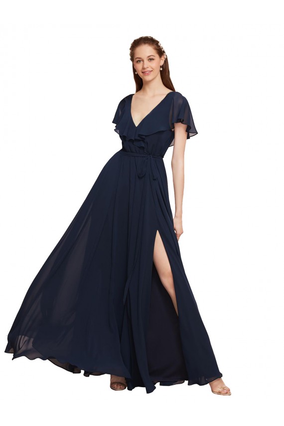 Mejores Azul marina oscuro línea A Cuello en V Gasa Largo Vestidos de dama de honor