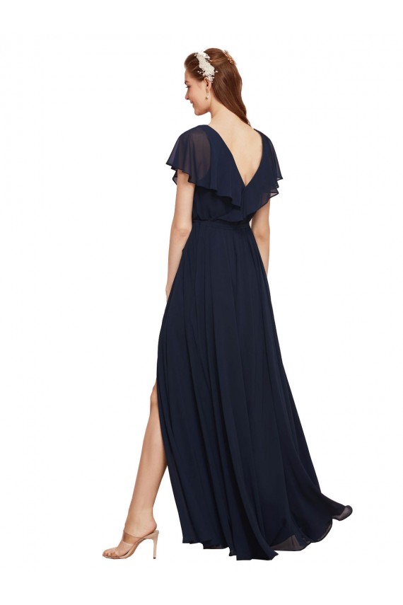 Mejores Azul marina oscuro línea A Cuello en V Gasa Largo Vestidos de dama de honor