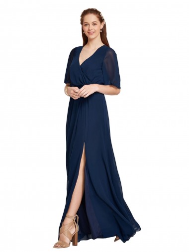 Mejores Azul marina oscuro línea A Cuello en V Gasa Largo Vestidos de dama de honor