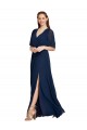 Mejores Azul marina oscuro línea A Cuello en V Gasa Largo Vestidos de dama de honor