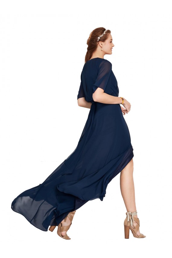 Mejores Azul marina oscuro línea A Cuello en V Gasa Largo Vestidos de dama de honor