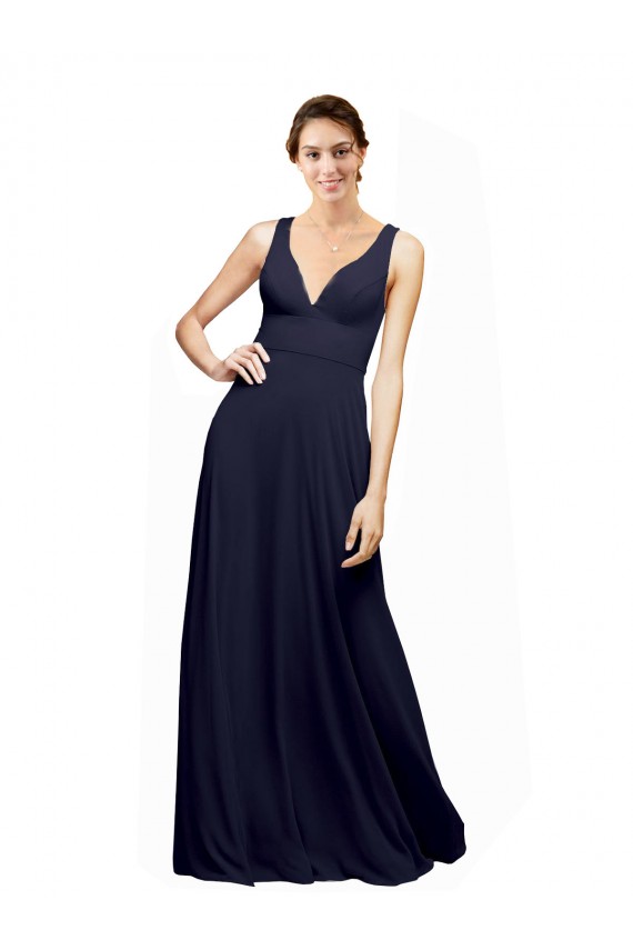 Mejores Azul marina oscuro línea A Cuello en V Gasa Largo Vestidos de dama de honor