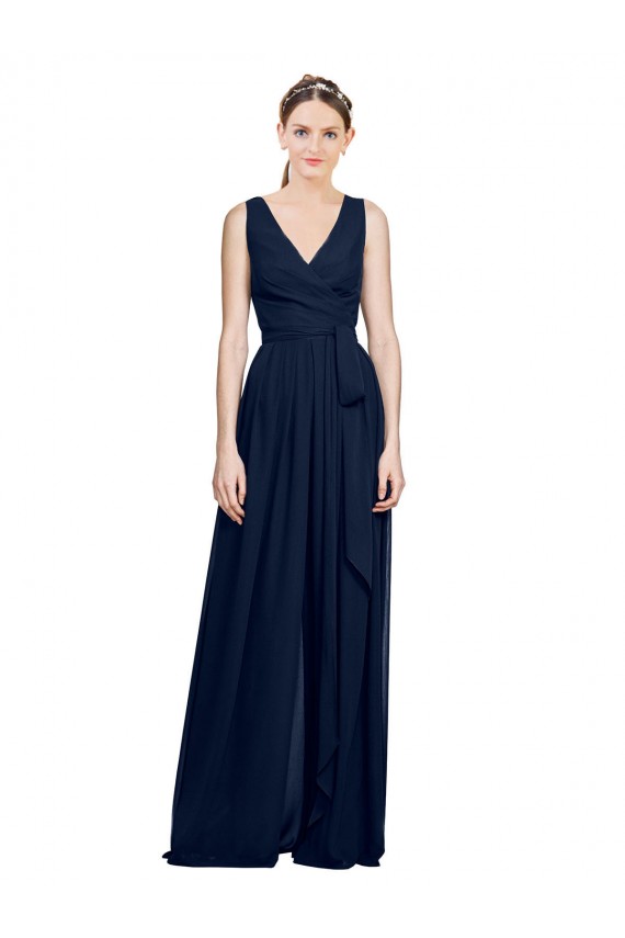Mejores Azul marina oscuro línea A Cuello en V Gasa Largo Vestidos de dama de honor