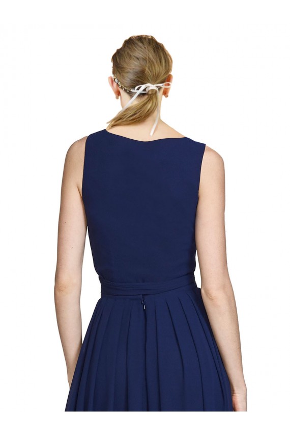 Mejores Azul marina oscuro línea A Cuello en V Gasa Largo Vestidos de dama de honor