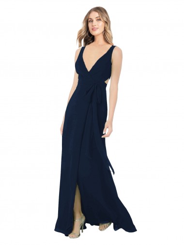 Mejores Azul marina oscuro línea A Cuello en V Gasa Largo Vestidos de dama de honor