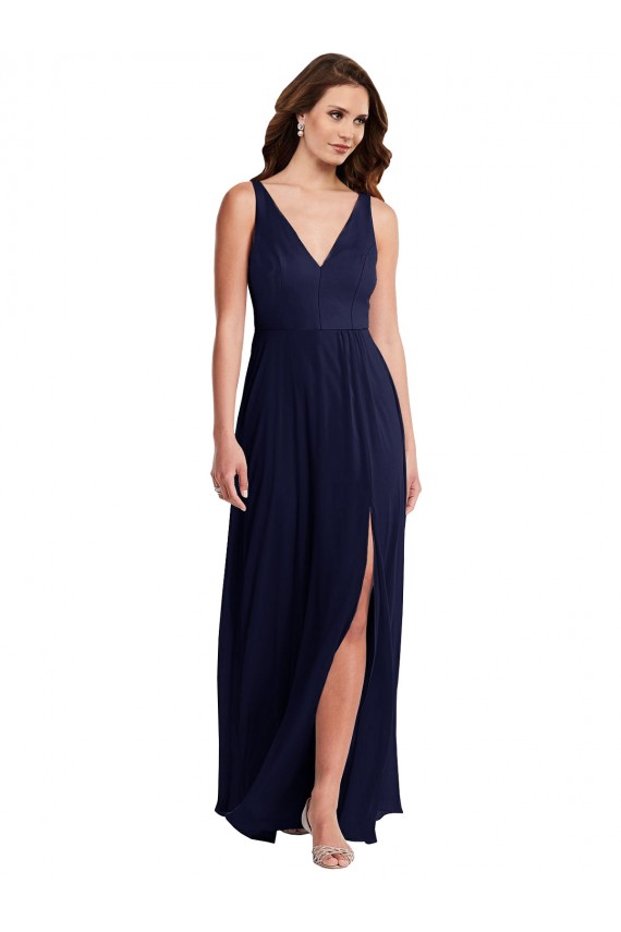 Mejores Azul marina oscuro línea A Cuello en V Gasa Largo Vestidos de dama de honor