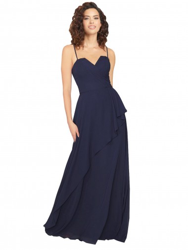 Mejores Azul marina oscuro línea A Cuello en V Gasa Largo Vestidos de dama de honor