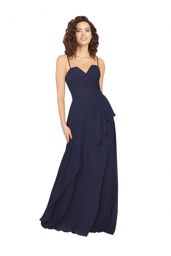 Mejores Azul marina oscuro línea A Cuello en V Gasa Largo Vestidos de dama de honor
