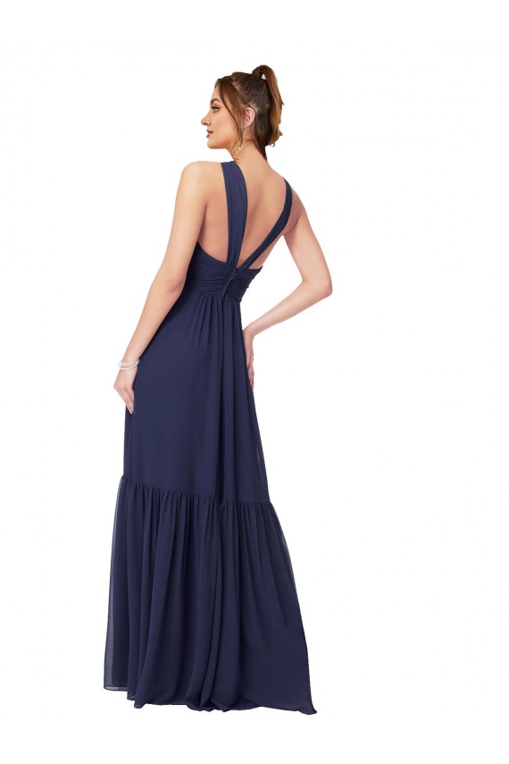 Mejores Azul marina oscuro línea A Cuello en V Gasa Largo Vestidos de dama de honor