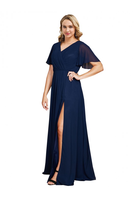 Mejores Azul marina oscuro línea A Cuello en V Gasa Largo Formales Vestidos de dama de honor / Vestidos de fiesta