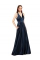 Mejores Azul marina oscuro línea A Cuello en V Satén Largo Formales Vestidos de dama de honor / Vestidos de fiesta