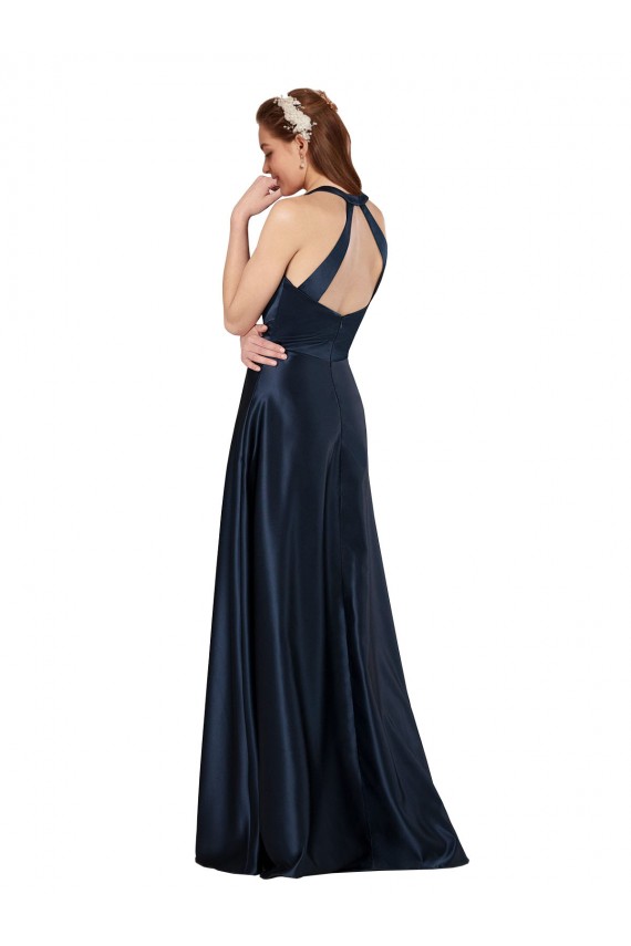 Mejores Azul marina oscuro línea A Cuello en V Satén Largo Formales Vestidos de dama de honor / Vestidos de fiesta