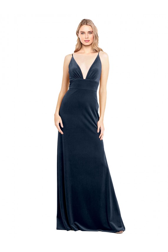 Mejores Azul marina oscuro línea A Cuello en V Terciopelo Elástico Largo Vestidos de dama de honor / Vestidos de fiesta