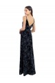 Mejores Azul marina oscuro línea A Cuello en V Terciopelo floral Terciopelo Elástico Largo Vestidos de dama de honor