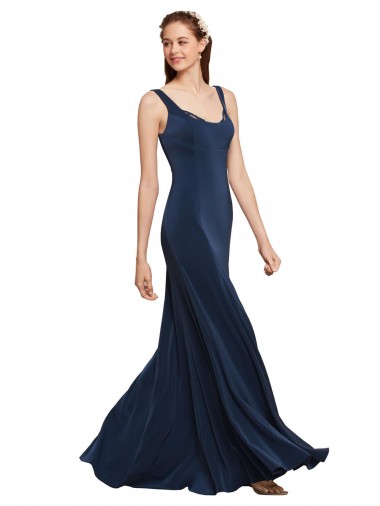 Mejores Azul marina oscuro línea A Cuello redondo Crepé Elástico Largo Formales Vestidos de dama de honor / Vestidos de fiesta