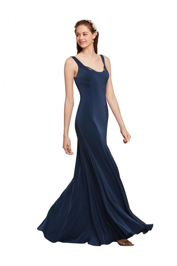 Mejores Azul marina oscuro línea A Cuello redondo Crepé Elástico Largo Formales Vestidos de dama de honor / Vestidos de fiesta