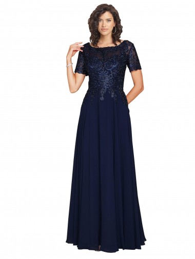 Mejores Azul marina oscuro línea A Cuello redondo Gasa Largo Vestidos de dama de honor / Vestidos de fiesta