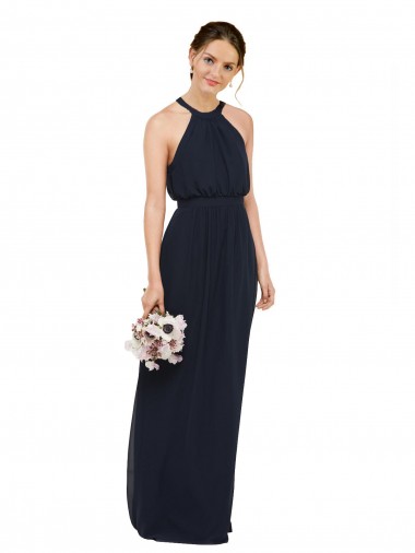 Mejores Azul marina oscuro línea A Halter Cuello Alto Gasa Largo Vestidos de dama de honor