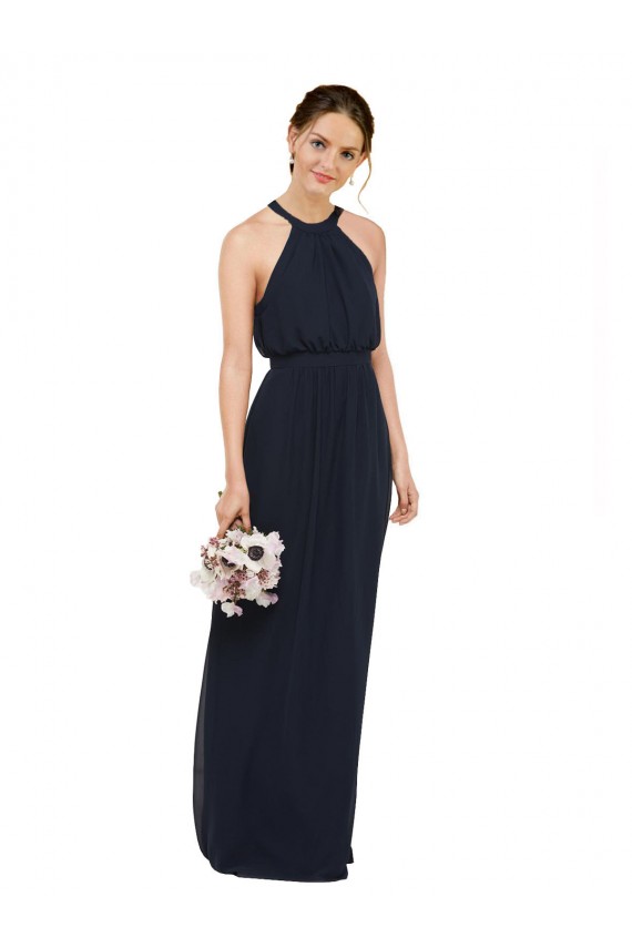 Mejores Azul marina oscuro línea A Halter Cuello Alto Gasa Largo Vestidos de dama de honor