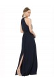 Mejores Azul marina oscuro línea A Halter Cuello Alto Gasa Largo Vestidos de dama de honor