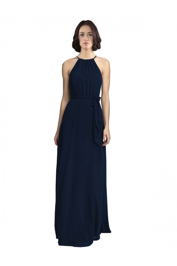 Mejores Azul marina oscuro línea A Halter Cuello Alto Gasa Largo Vestidos de dama de honor