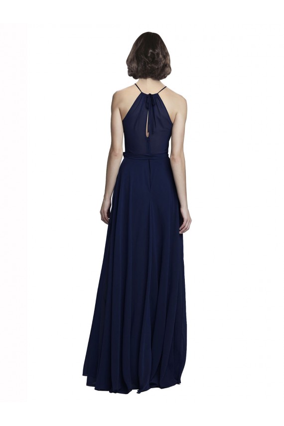 Mejores Azul marina oscuro línea A Halter Cuello Alto Gasa Largo Vestidos de dama de honor