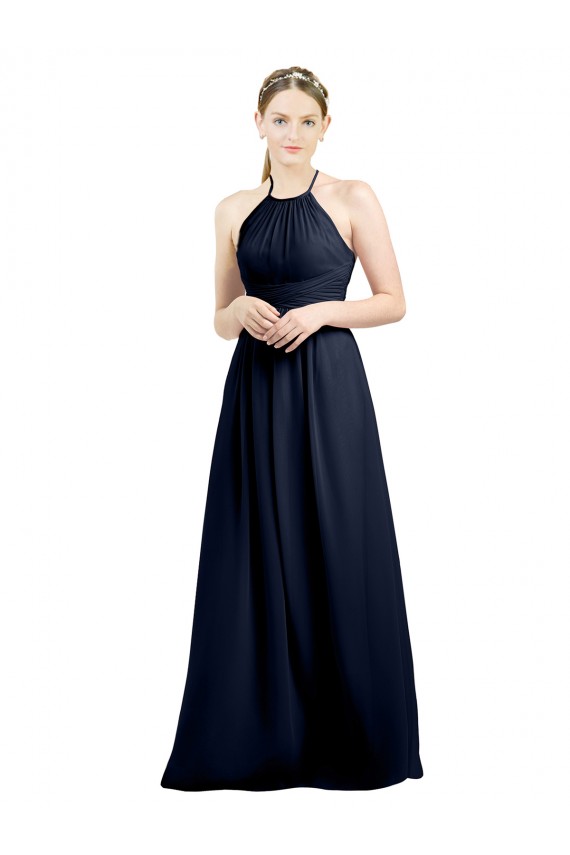 Mejores Azul marina oscuro línea A Halter Cuello Alto Gasa Largo Vestidos de dama de honor