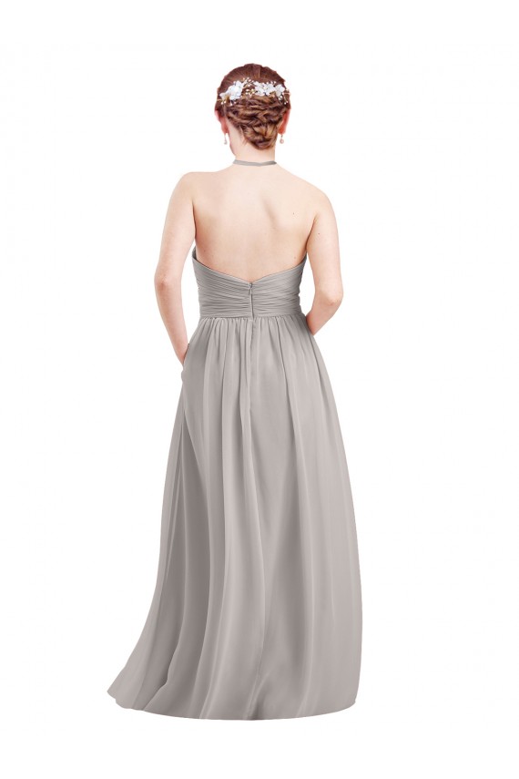 Mejores Azul marina oscuro línea A Halter Cuello Alto Gasa Largo Vestidos de dama de honor
